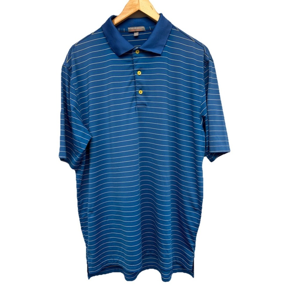 Peter Millar Polo Shirt Men Blue Striped Summer‎ Comfort Lightweight Tech Large